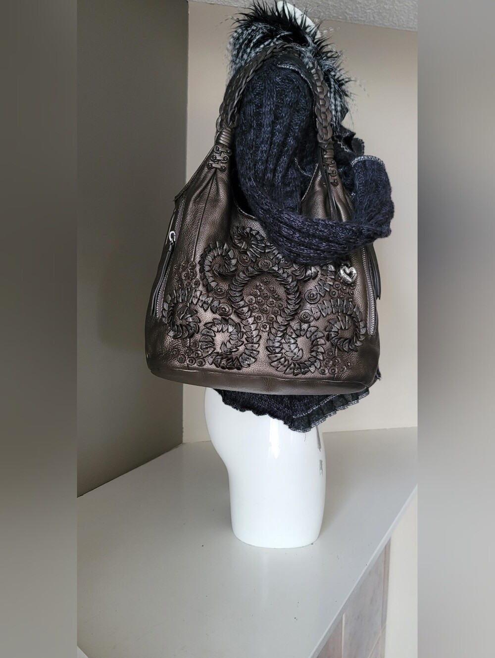 BRIGHTON LOCKHEART RARE PINWHEEL FOREST SLATE 3D APPLIQUE SHOULDER HANDBAG